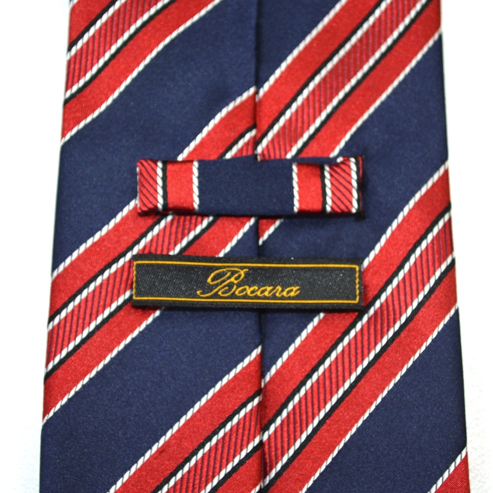Bocara Mens Silk Tie Navy Blue Red White Diagonal Striped Handmade Necktie